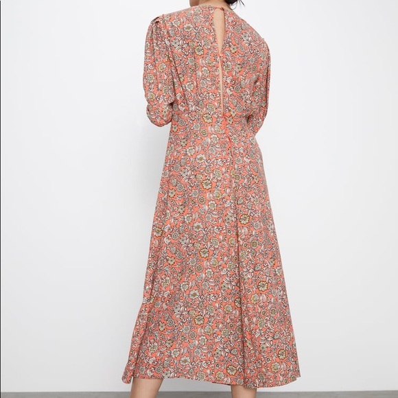 Zara FLORAL PRINTED DRAPED MIDI Flowy DRESS Long Sleeve Puff Shoulders Sz XS NEW - Picture 11 of 16
